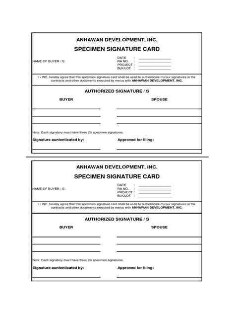 Specimen Signature Card .